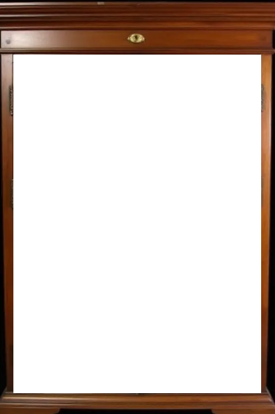 Une armoire ancienne en noyer, ses deux portes ouvertes sur le menu du site.
